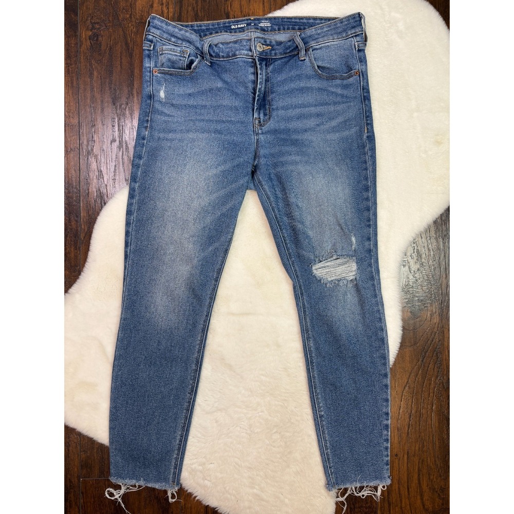 Old Navy Jeans 14 Blue Solid Rockstar Super Skinny Ripped Raw Hem Women